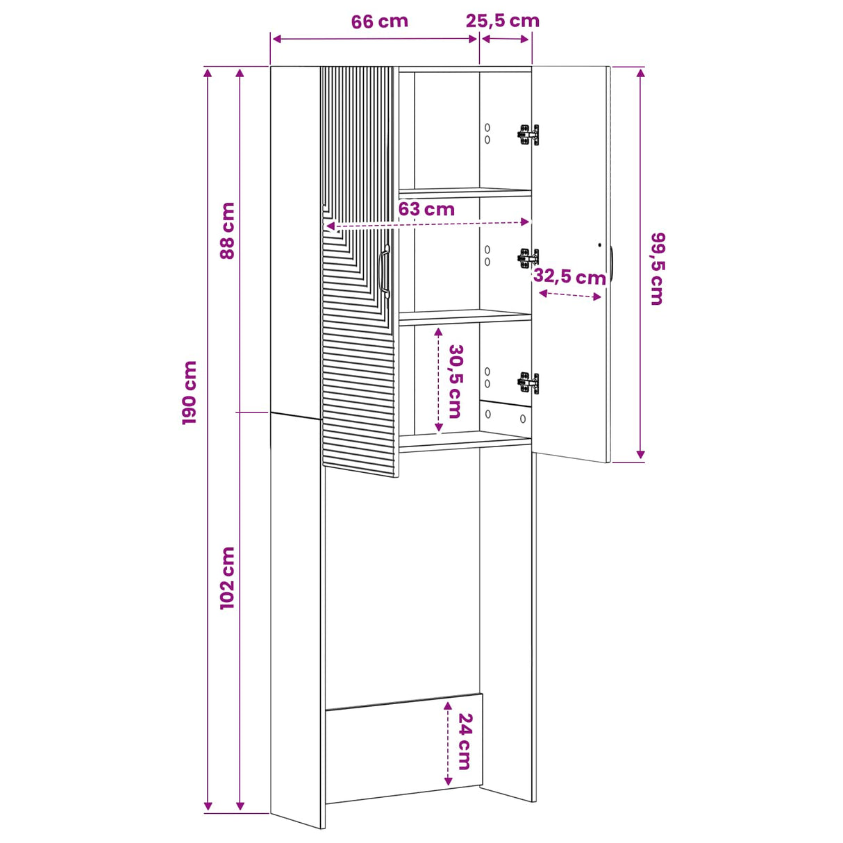 vidaXL Toiletkast HAARLEM Wit 66 x 25,5 x 190 cm Bewerkt hout