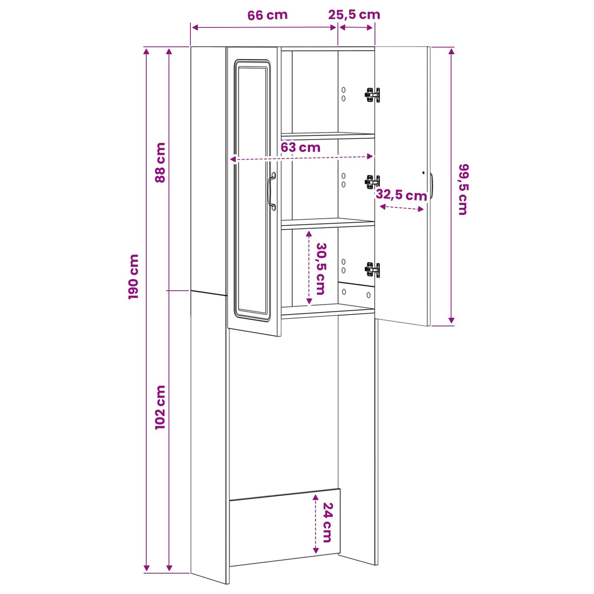 vidaXL Toiletkast UTRECHT Wit 66 x 25,5 x 190 cm Bewerkt hout