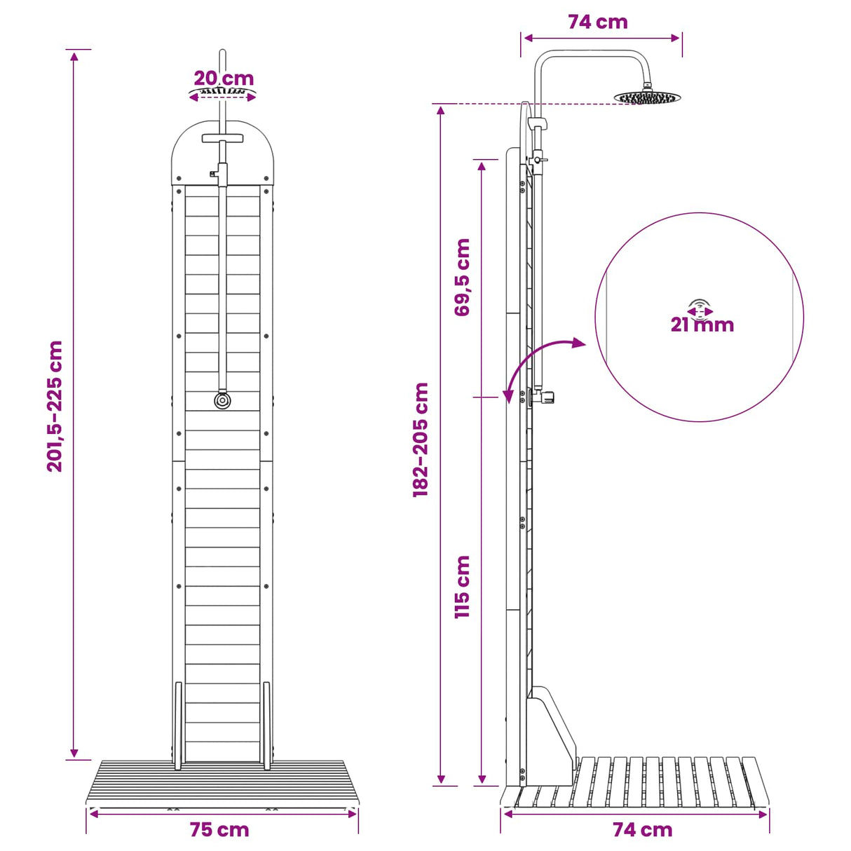 vidaXL Outdoor Shower 225 cm Solid Acacia Wood and Stainless Steel White