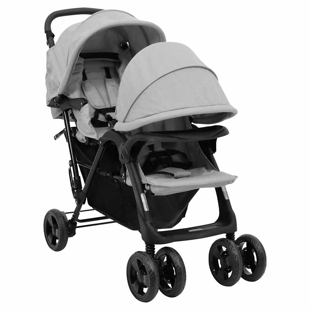 vidaXL Twin Stroller Tandem Steel Light Grey