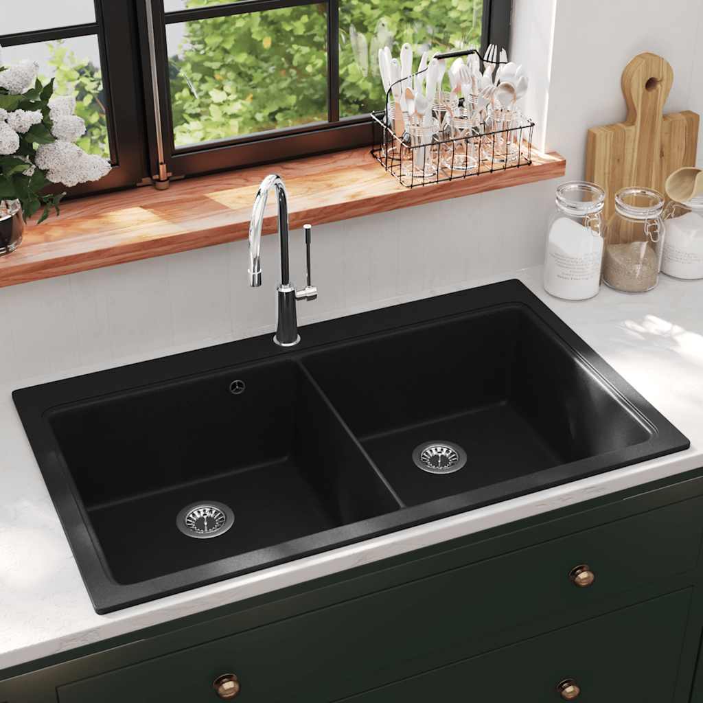 Spoelbak opbouw graniet double bak noir