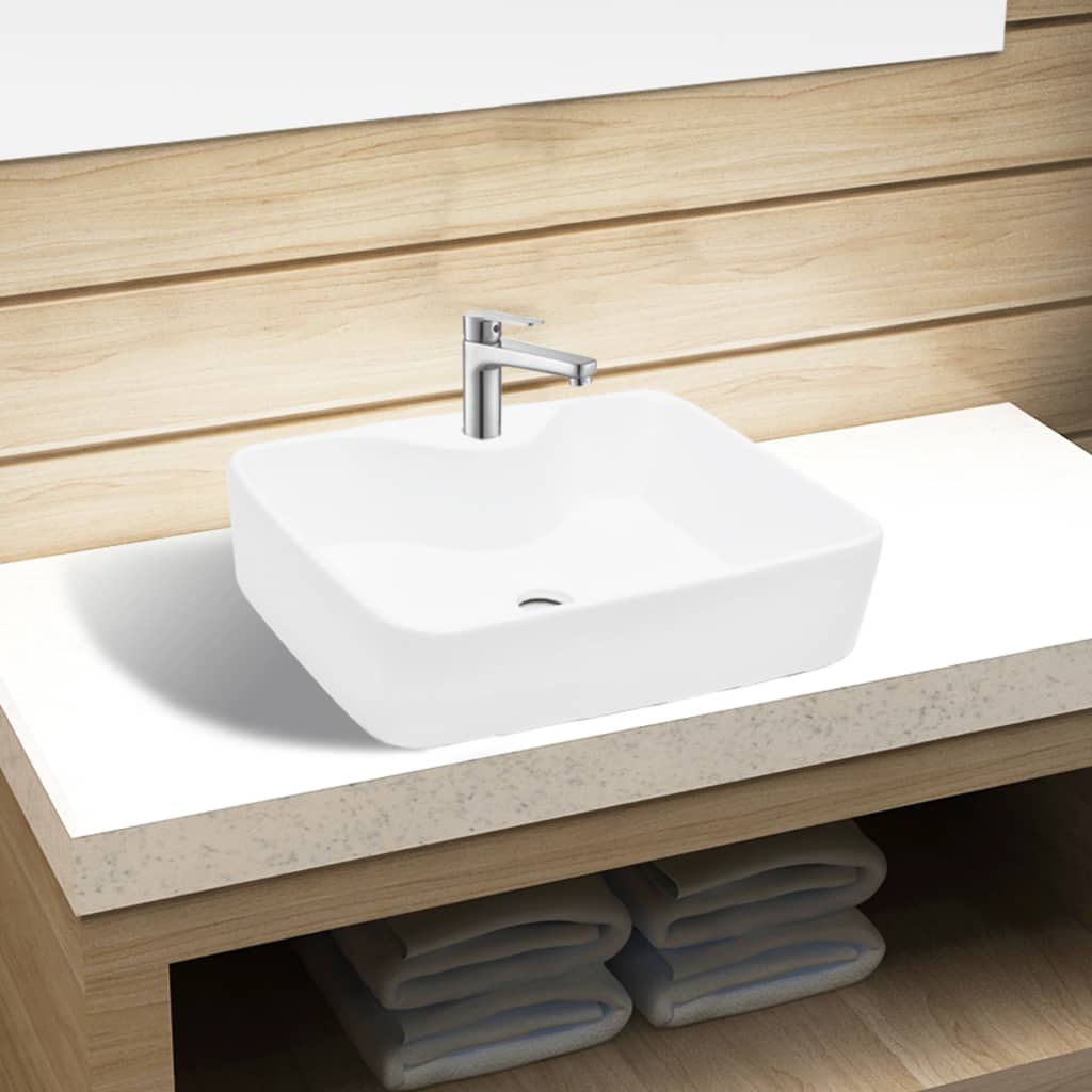 vidaXL Square Ceramic Sink with Faucet Hole White