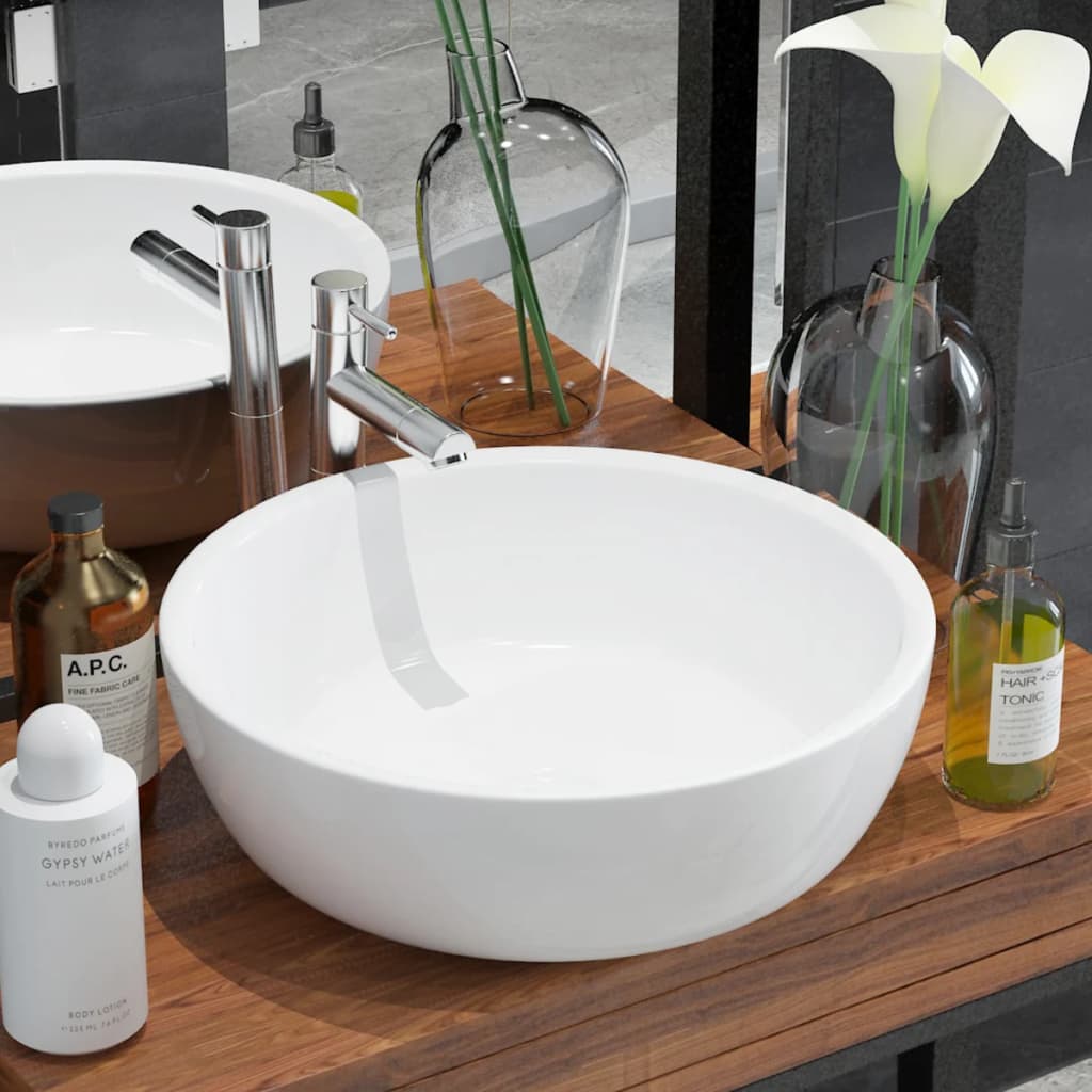 vidaXL Round Wash Basin white 42x12 cm ceramic