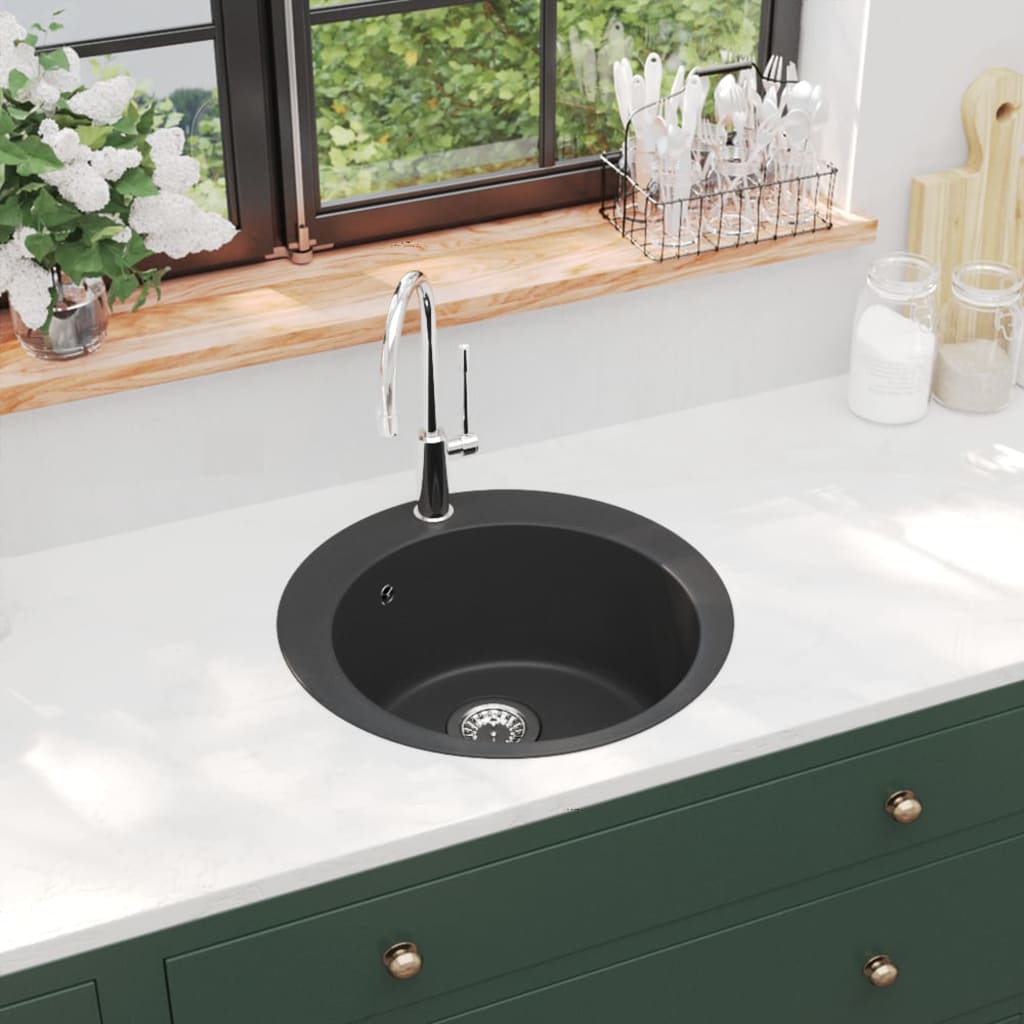 vidaXL Round Single Bowl Granite Sink Black