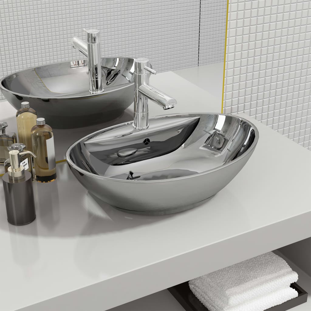 vidaXL Luxury Oval Ceramic Wash Basin with Overflow and Tap Hole