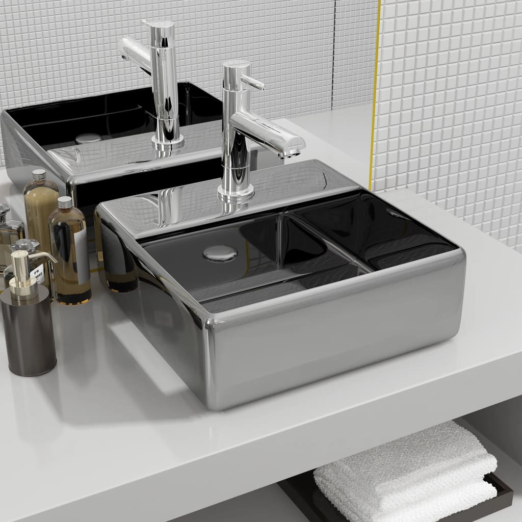 vidaXL Square Ceramic Wash Basin with Faucet Hole White