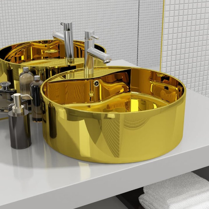 Sink with overflow, ceramic, round, white