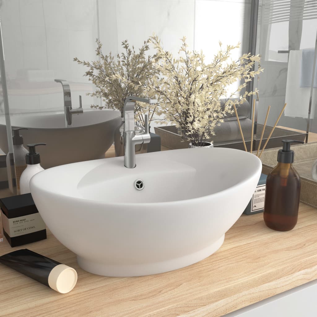 vidaXL Oval Bathroom Sink with Overflow 58.5x39 cm Ceramic Matt White