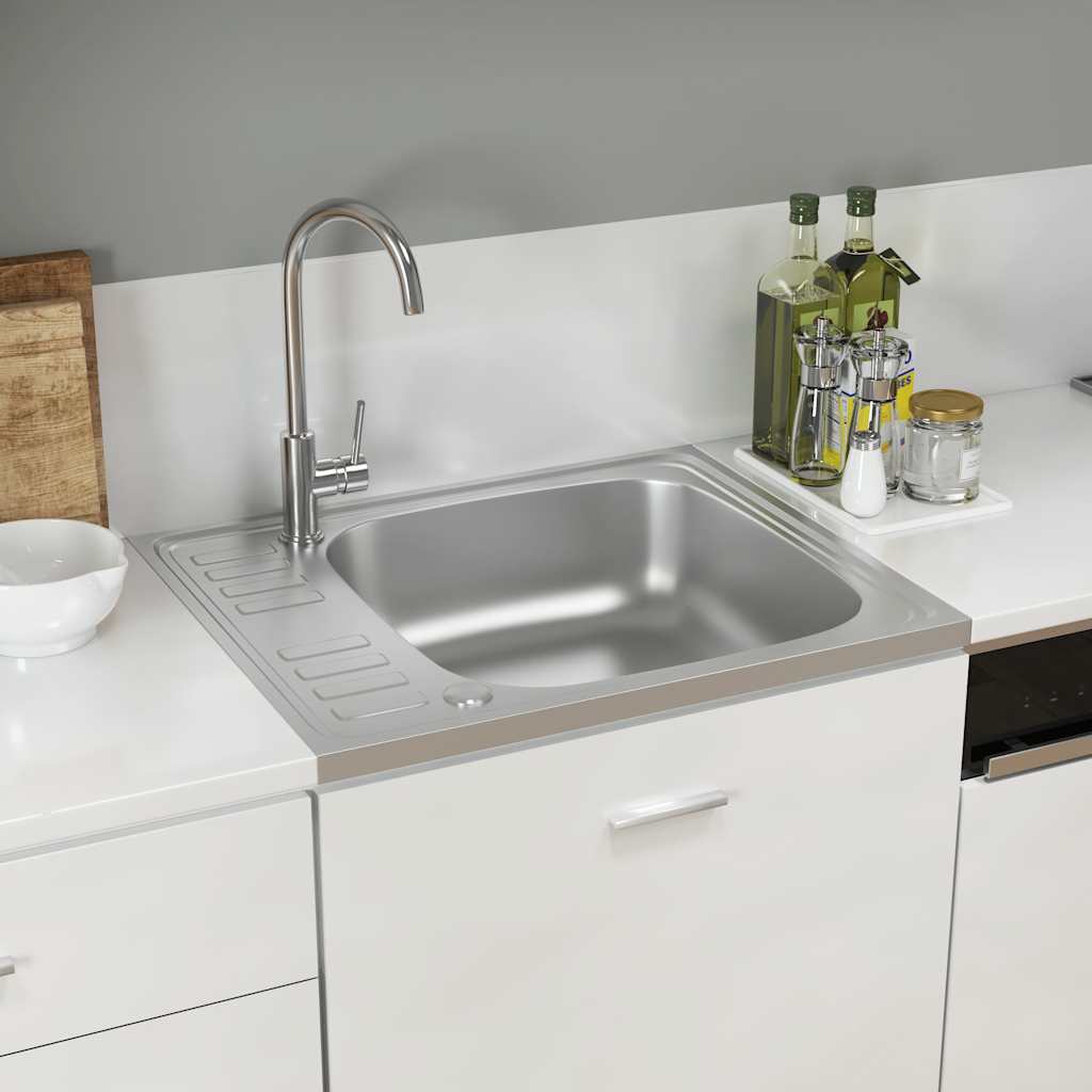 vidaXL Kitchen Sink with Drainer Set 600x500x155 mm Stainless Steel Silver