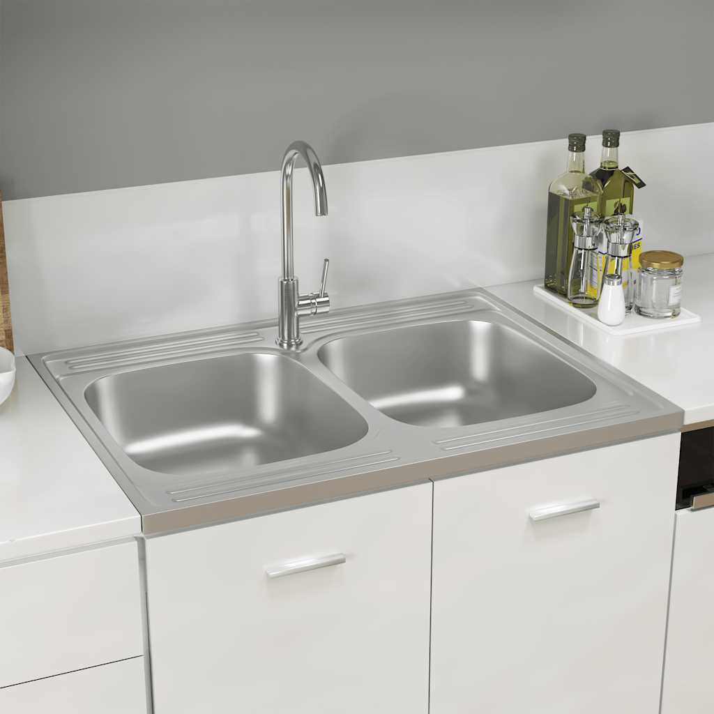 vidaXL Double-Bowl Sink 800x500x155 mm Stainless Steel Silver