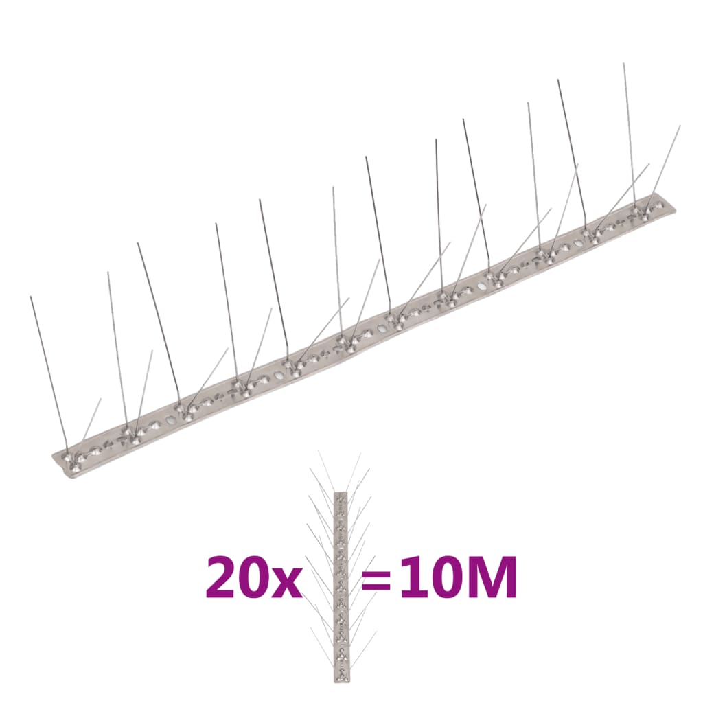 vidaXL Bird and Pigeon Spikes with 2 Rows 20 pcs 10 m Stainless Steel