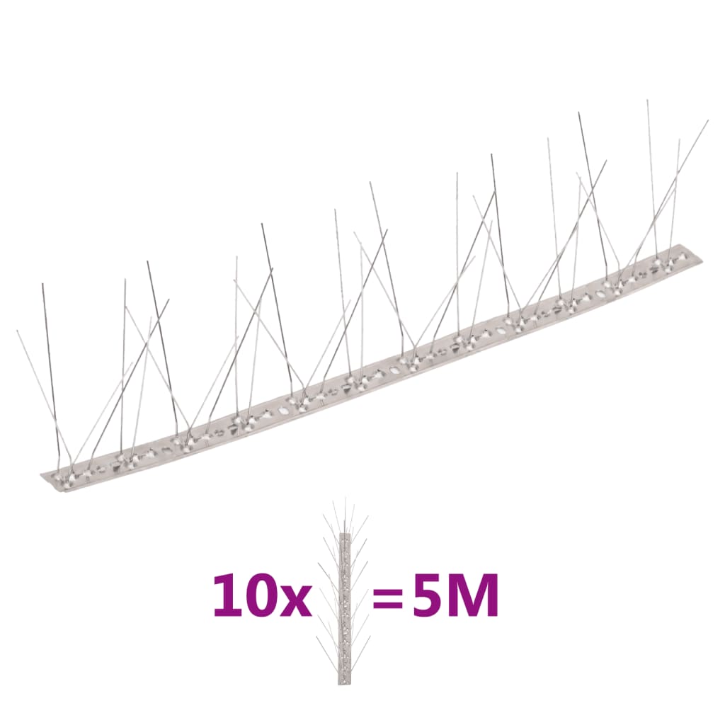 vidaXL Bird and Pigeon Spikes with 2 Rows 20 pcs 10 m Stainless Steel