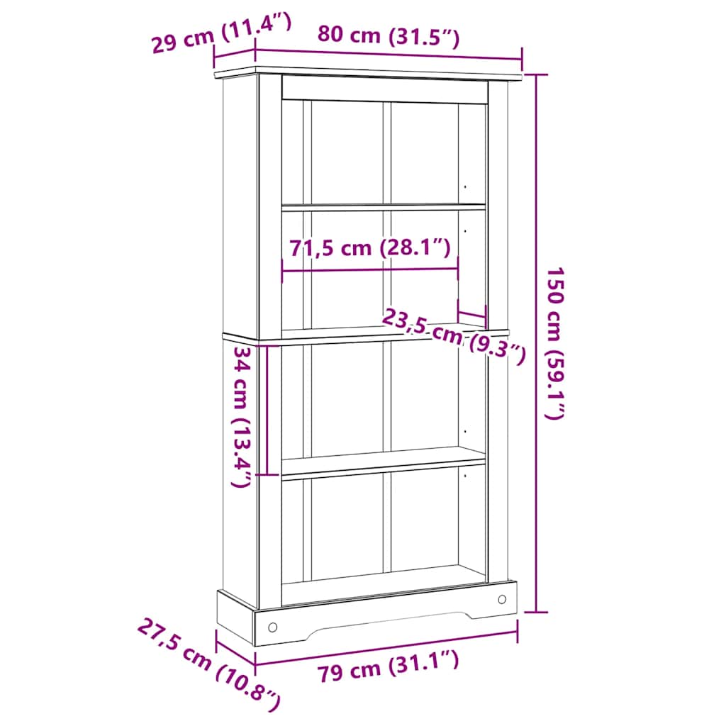 vidaXL Bookshelf solid pine wood 4 shelves Corona style 80x29x150 cm
