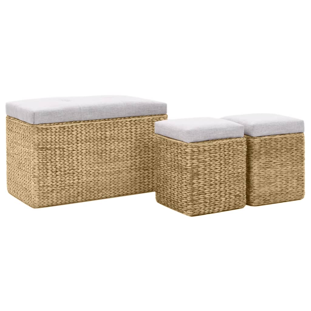 vidaXL Bankje met 2 poefs zeegras grijs
