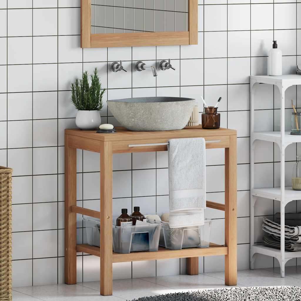 vidaXL Bathroom Vanity Cabinet with River Stone Sink Teak