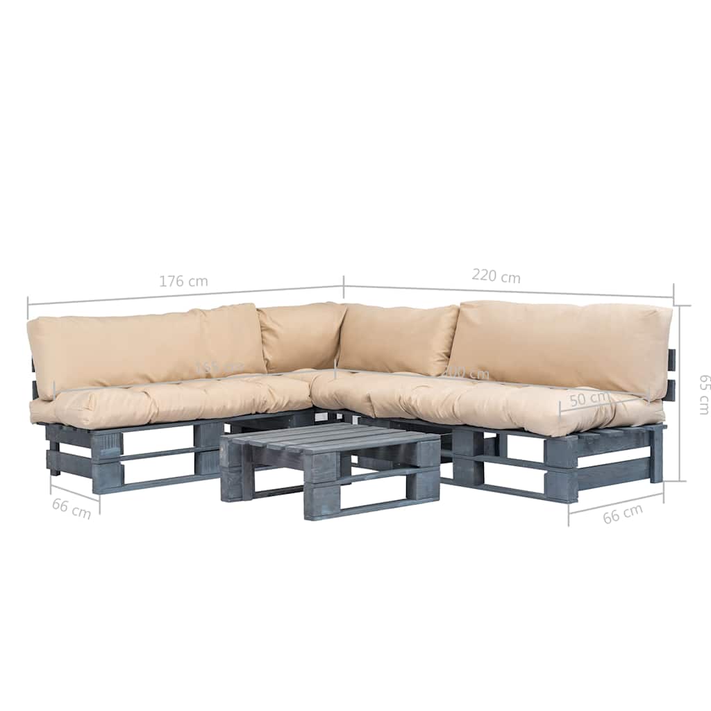 vidaXL 4-delige Loungeset pallet met zandkleurige kussens hout