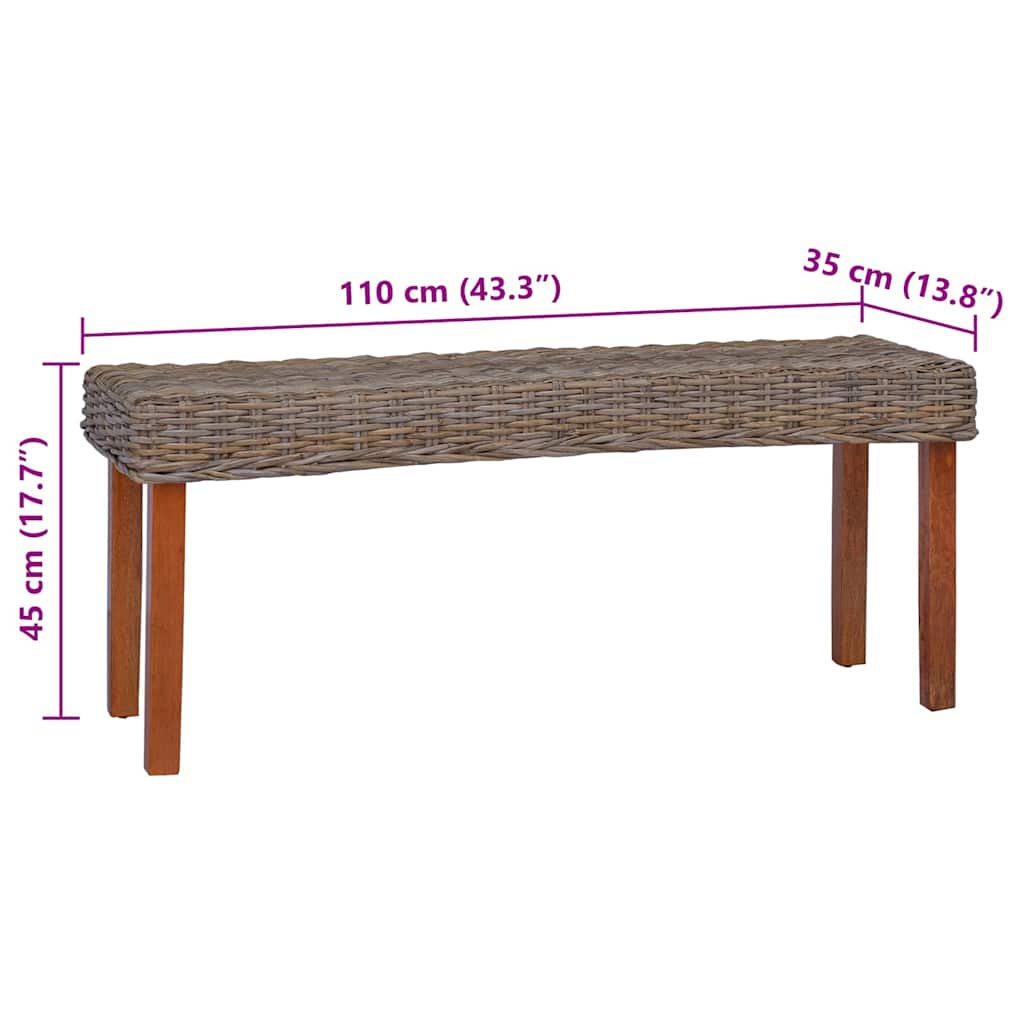 vidaXL Bankje 110 cm natuurlijk kubu rattan en massief mahoniehout wit