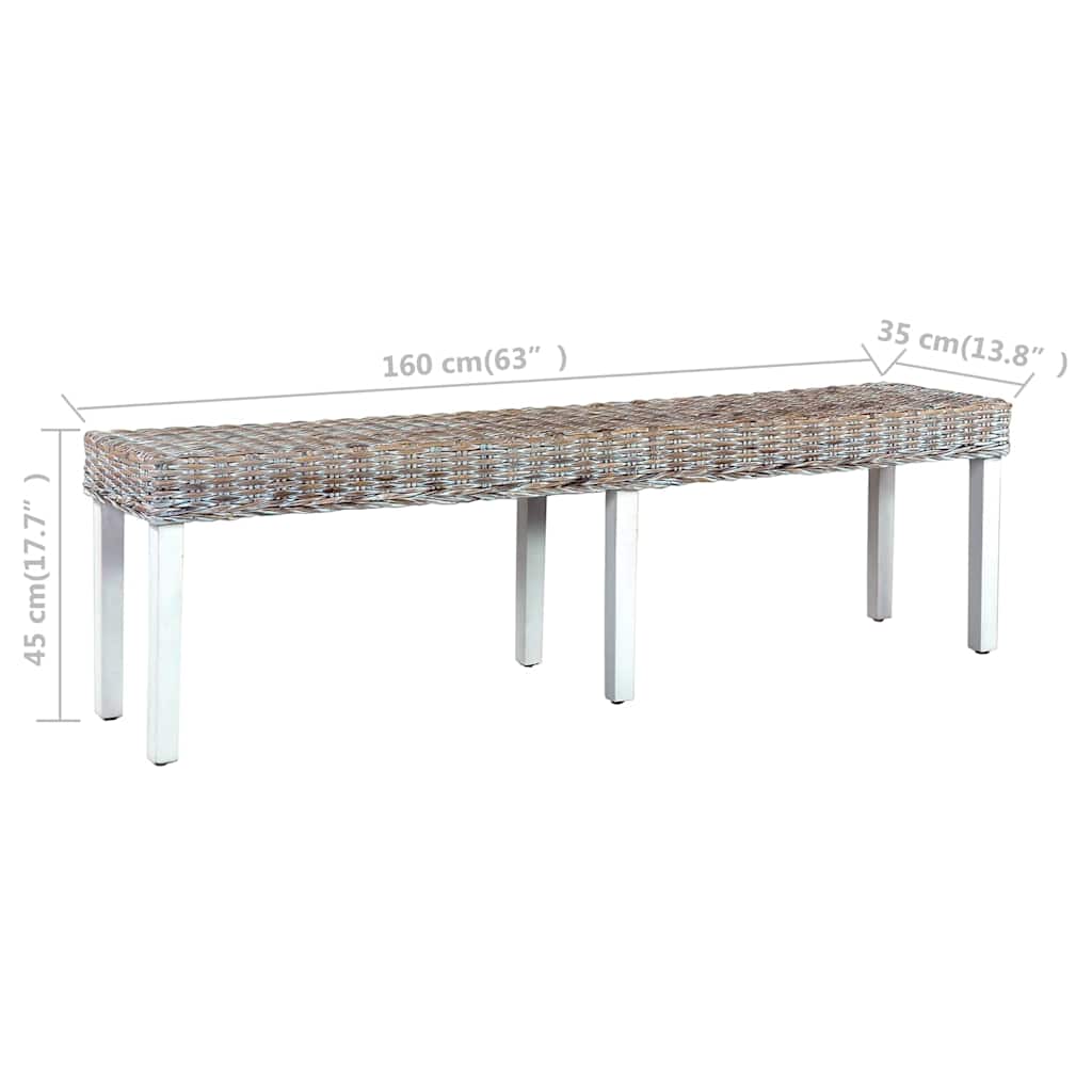 vidaXL Bankje 160 cm natuurlijk kubu rattan en massief mangohout wit