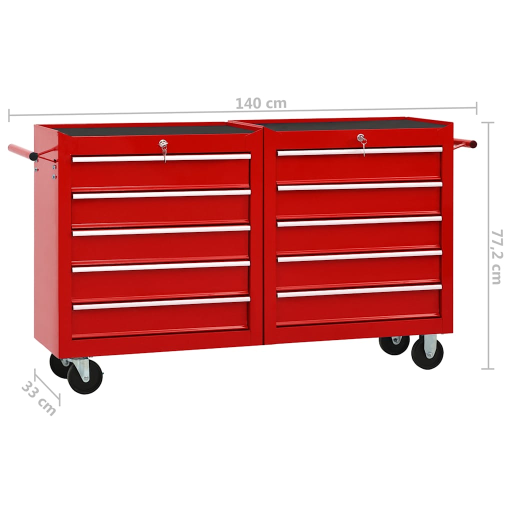 vidaXL Gereedschapswagen met 10 lades staal rood