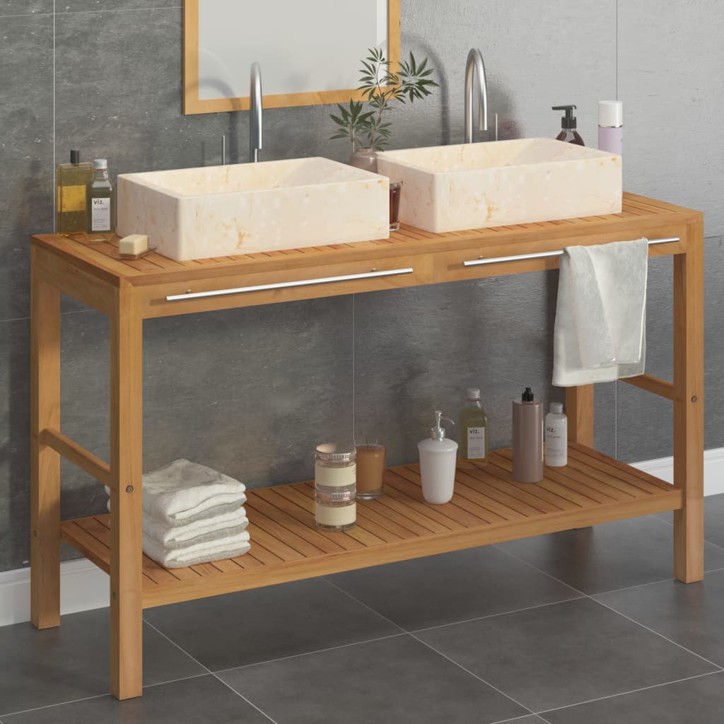 vidaXL Solid Teak Vanity Cabinet with Marble Sink Black