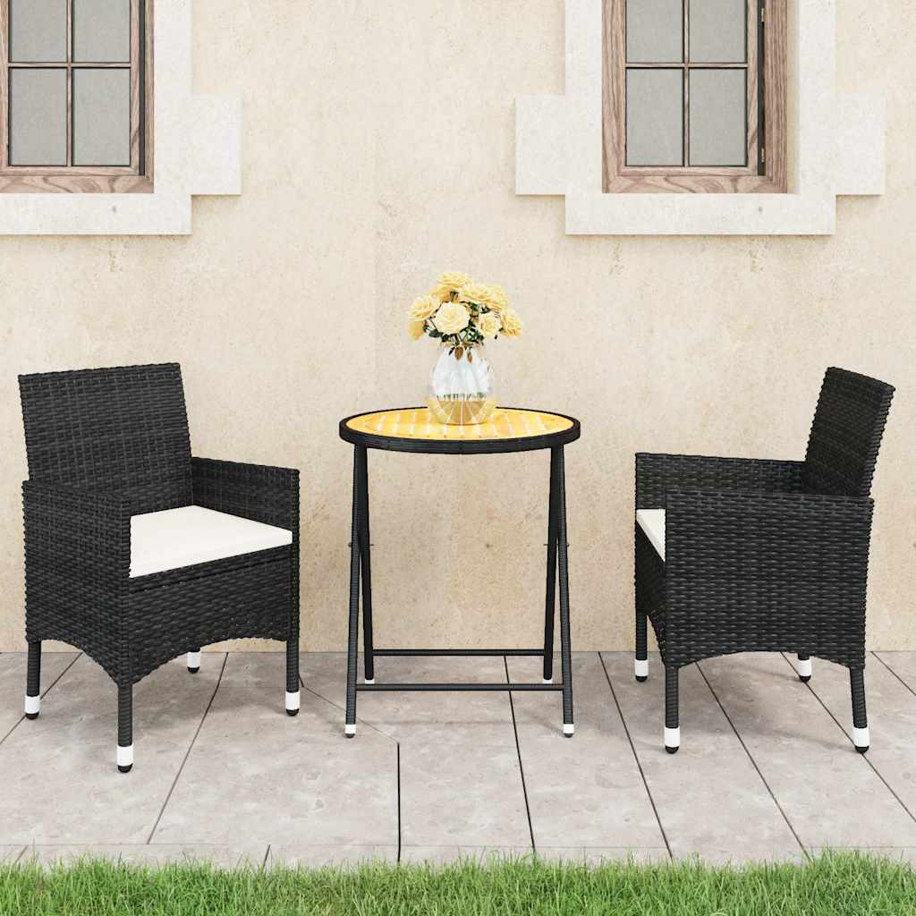 vidaXL 3-Piece Bistro Set Poly Rattan and Acacia Wood Black