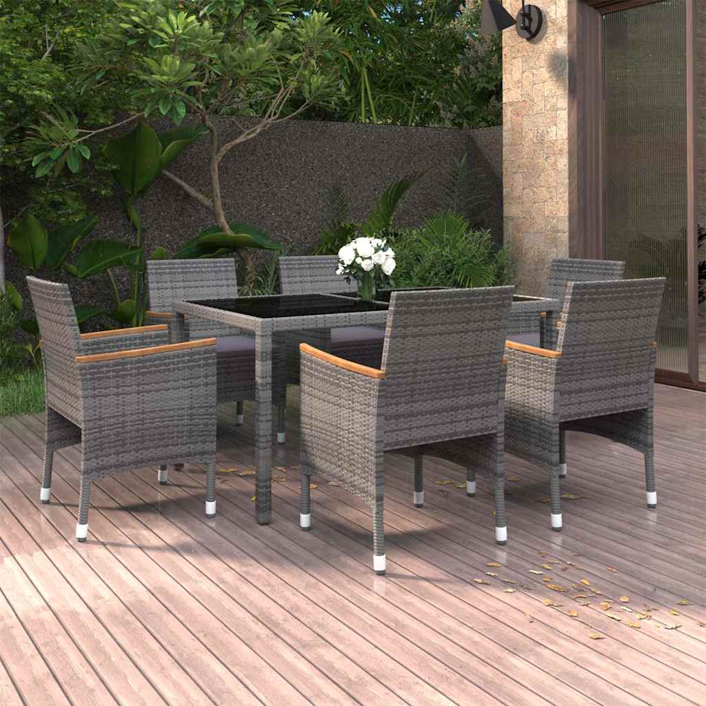 vidaXL 7-delige Tuinset poly rattan en gehard glas grijs