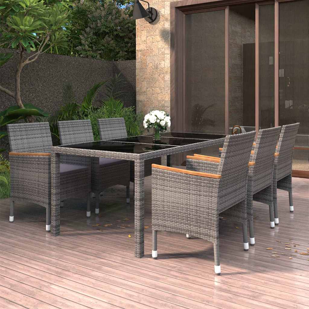 vidaXL 7-delige Tuinset poly rattan en gehard glas grijs