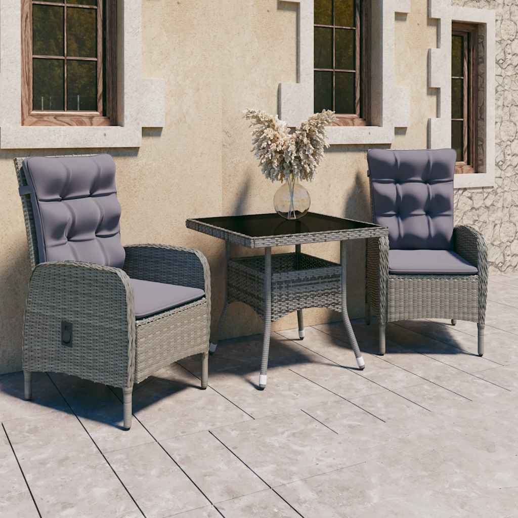 vidaXL 3-delige Tuinset poly rattan en glas grijs
