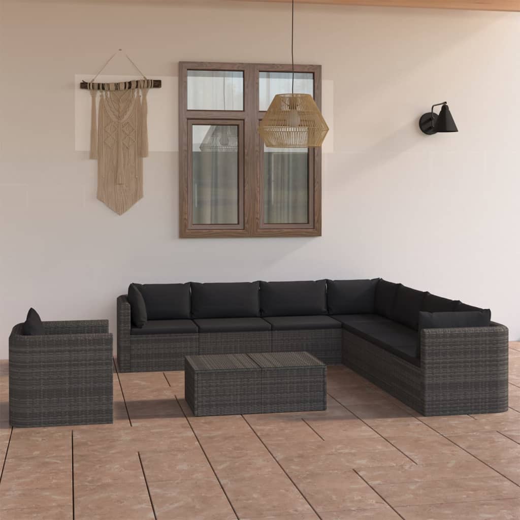 vidaXL 9-piece Lounge Set with Cushions Poly Rattan Grey