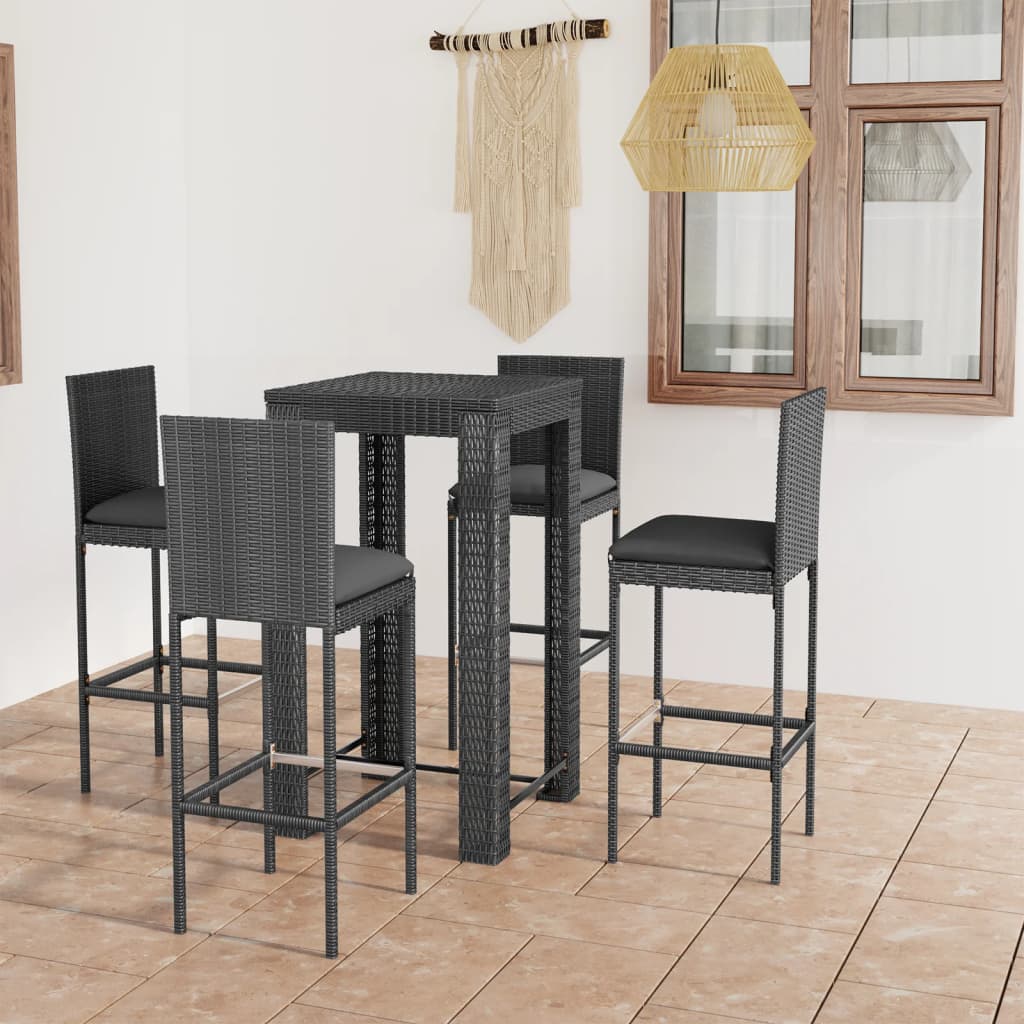 vidaXL 3-delige Tuinbarset met kussens poly rattan zwart