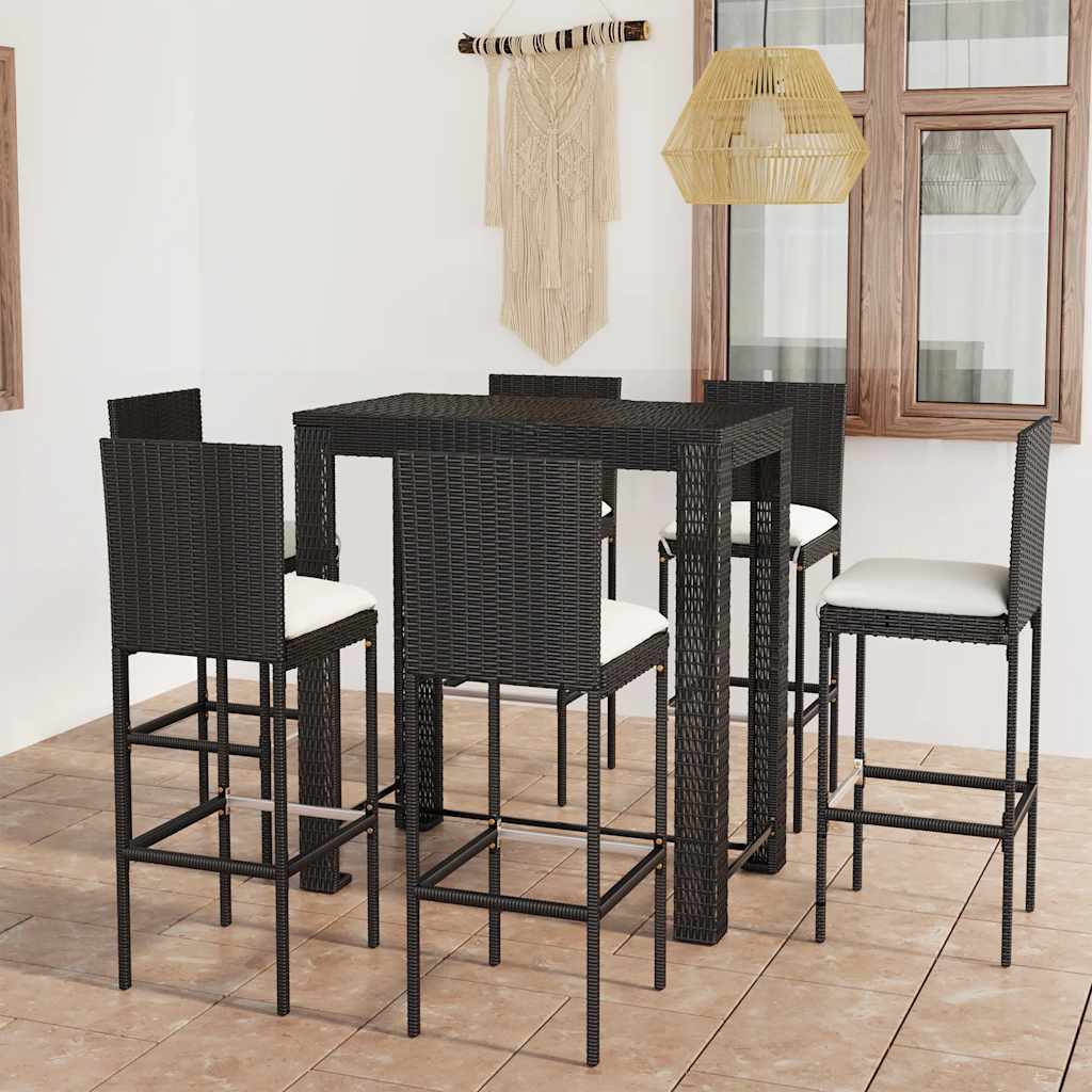 vidaXL 3-delige Tuinbarset met kussens poly rattan zwart