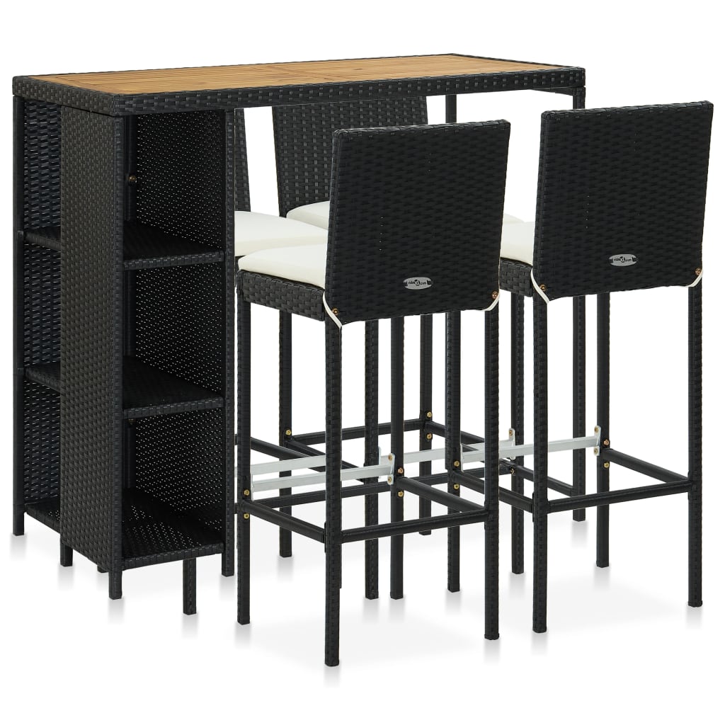 vidaXL 5-delige Tuinbarset met kussens poly rattan zwart