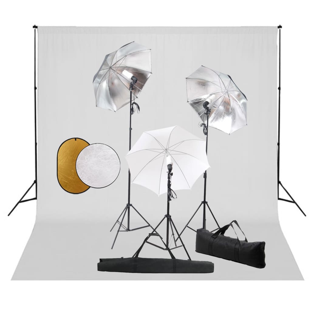 vidaXL Photo Studio Kit with Lights, Umbrellas, Background, and Reflector