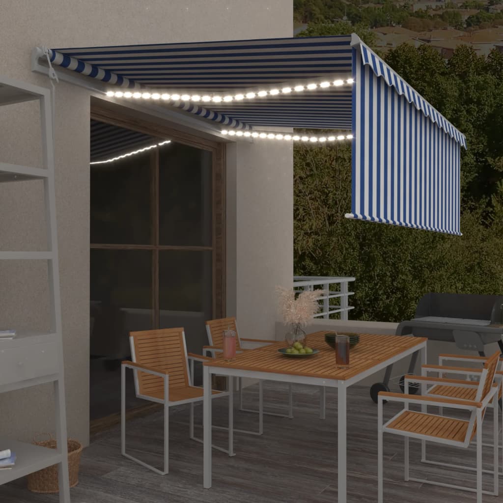 vidaXL Luifel met rolgordijn, LED en windsensor 3x2,5 m blauw en wit