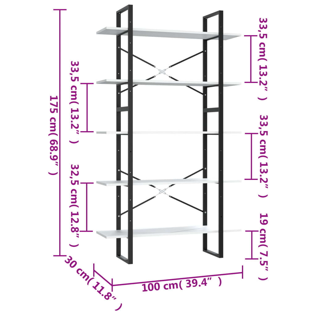 vidaXL Bookcase with 5 Shelves 40x30x175 cm Engineered Wood White