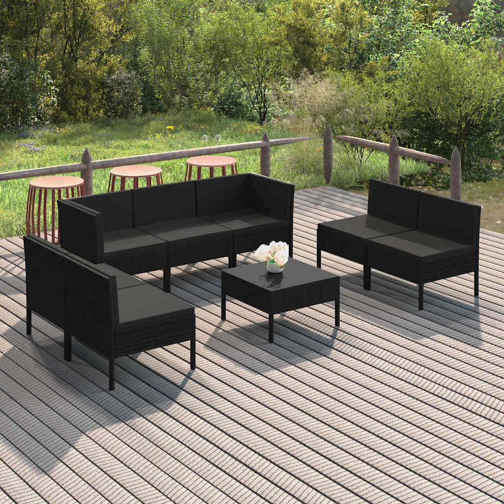 vidaXL 9-delige Loungeset met kussens poly rattan zwart