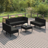 vidaXL 9-delige Loungeset met kussens poly rattan zwart