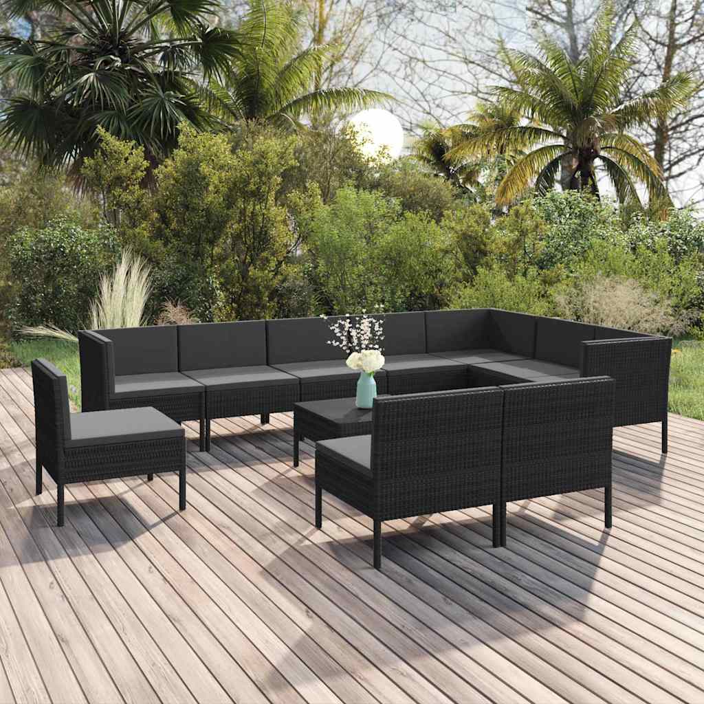 vidaXL 9-delige Loungeset met kussens poly rattan zwart