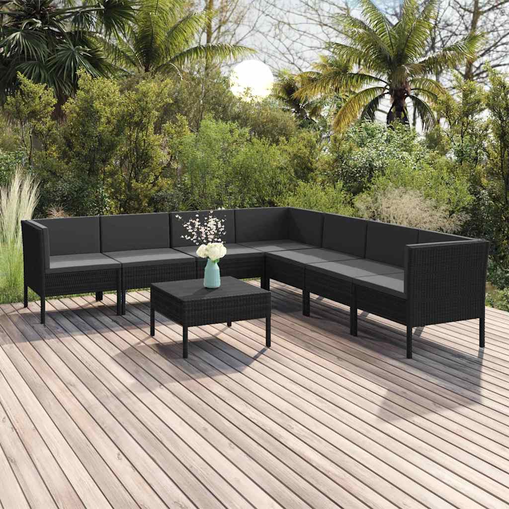 vidaXL 9-delige Loungeset met kussens poly rattan zwart