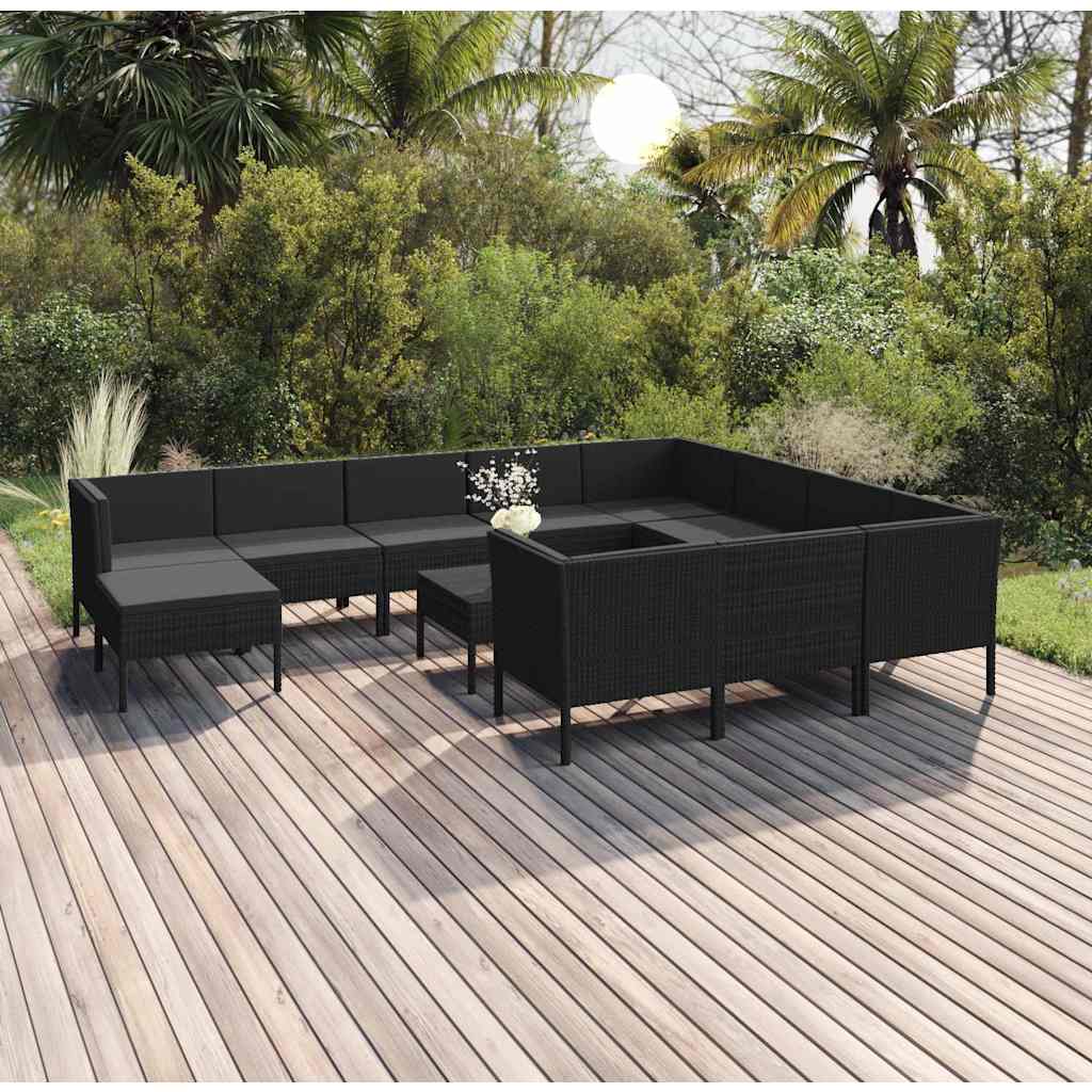 vidaXL 9-delige Loungeset met kussens poly rattan zwart