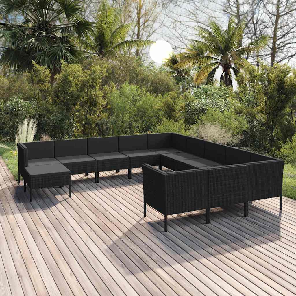 vidaXL 9-delige Loungeset met kussens poly rattan zwart
