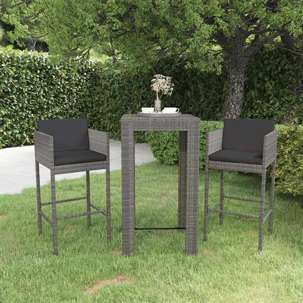 vidaXL 3-delige Tuinbarset met kussens poly rattan bruin