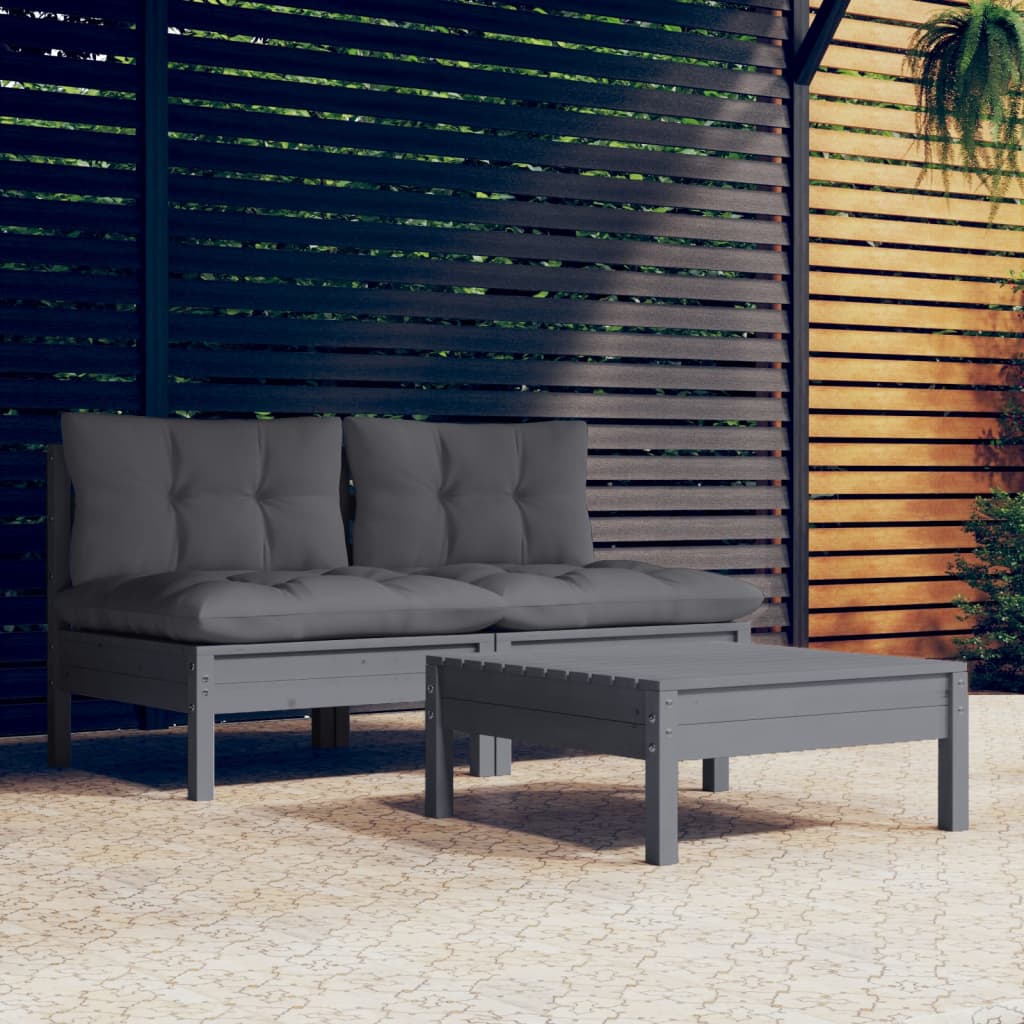 vidaXL 3-delige Loungeset met grijze kussens grenenhout