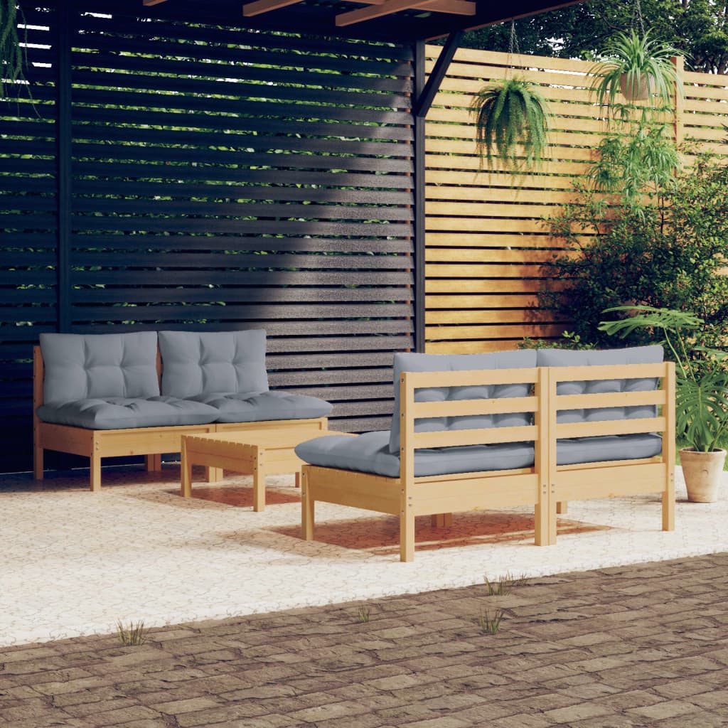 vidaXL 5-delige Loungeset met grijze kussens grenenhout