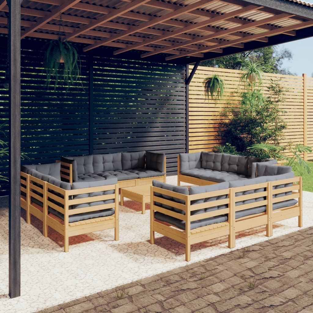 vidaXL 13-delige Loungeset met grijze kussens grenenhout