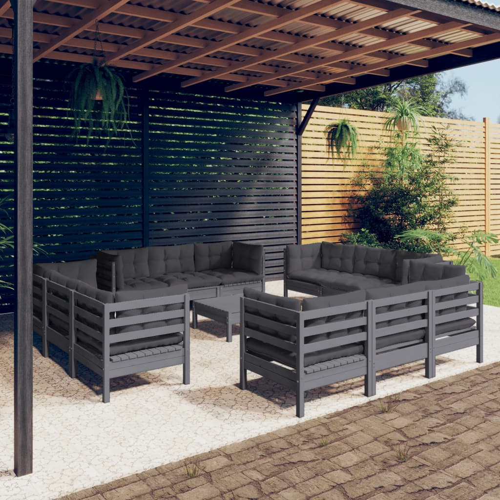 vidaXL 13-delige Loungeset met grijze kussens grenenhout