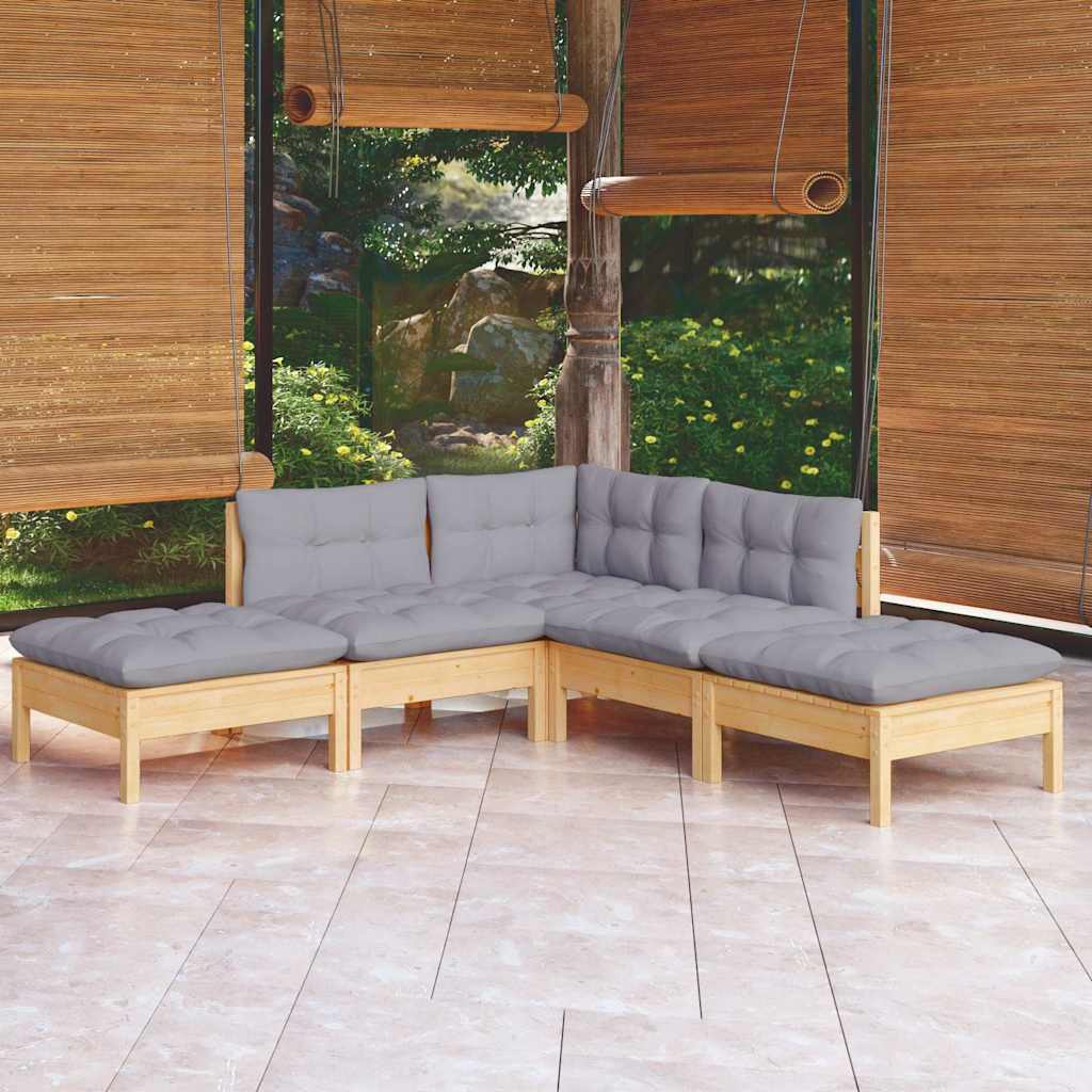 vidaXL 5-delige Loungeset met grijze kussens grenenhout