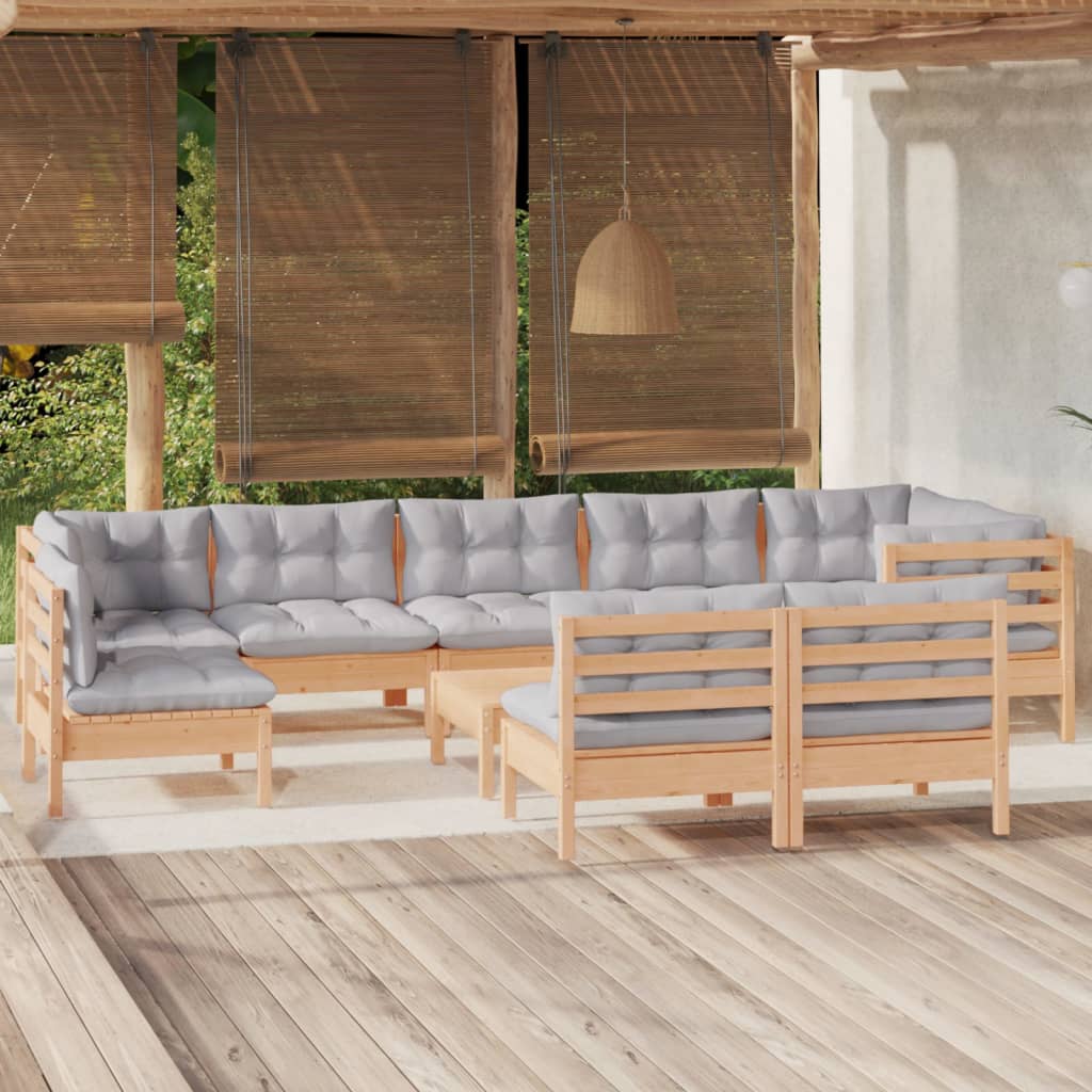 vidaXL 9-delige Loungeset met grijze kussens massief grenenhout