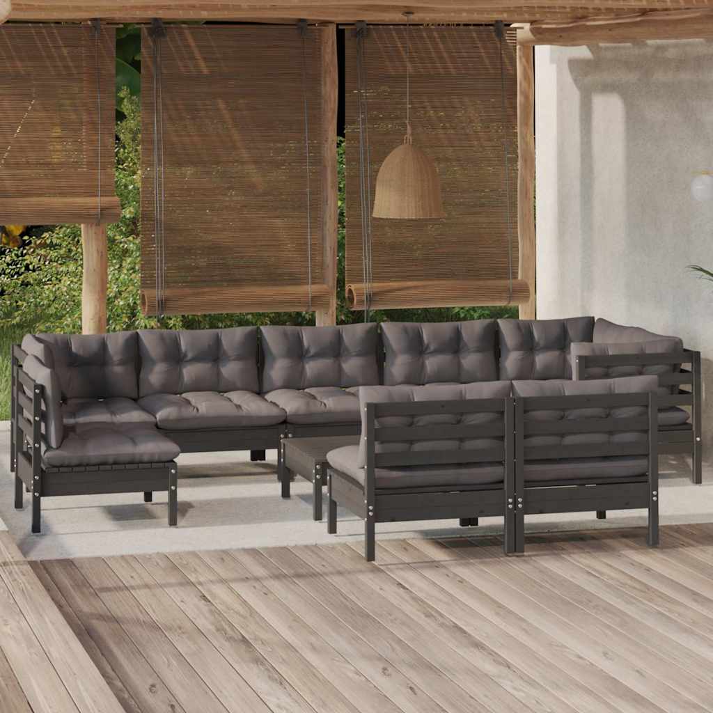 vidaXL 9-delige Loungeset met grijze kussens massief grenenhout