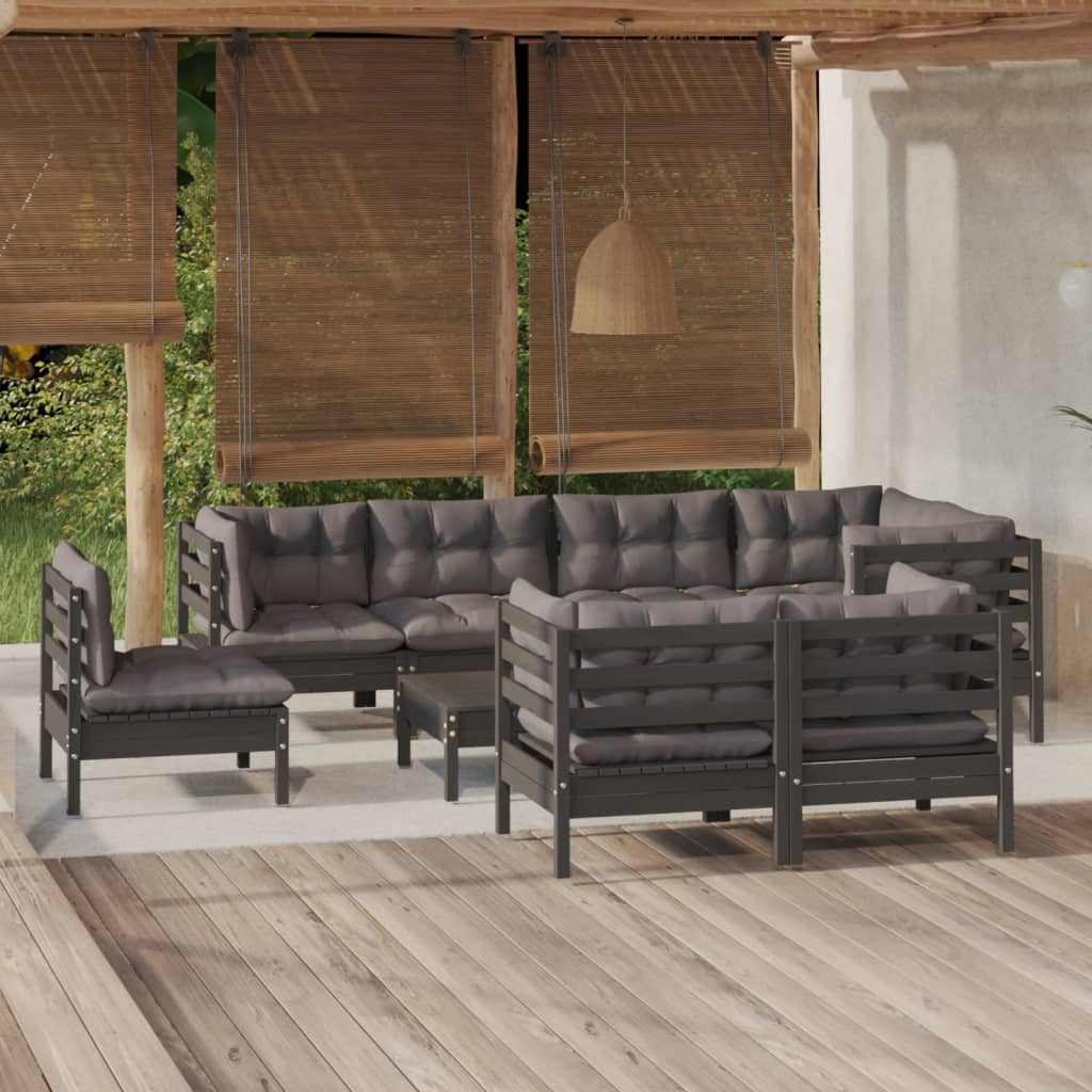 vidaXL 9-delige Loungeset met grijze kussens massief grenenhout